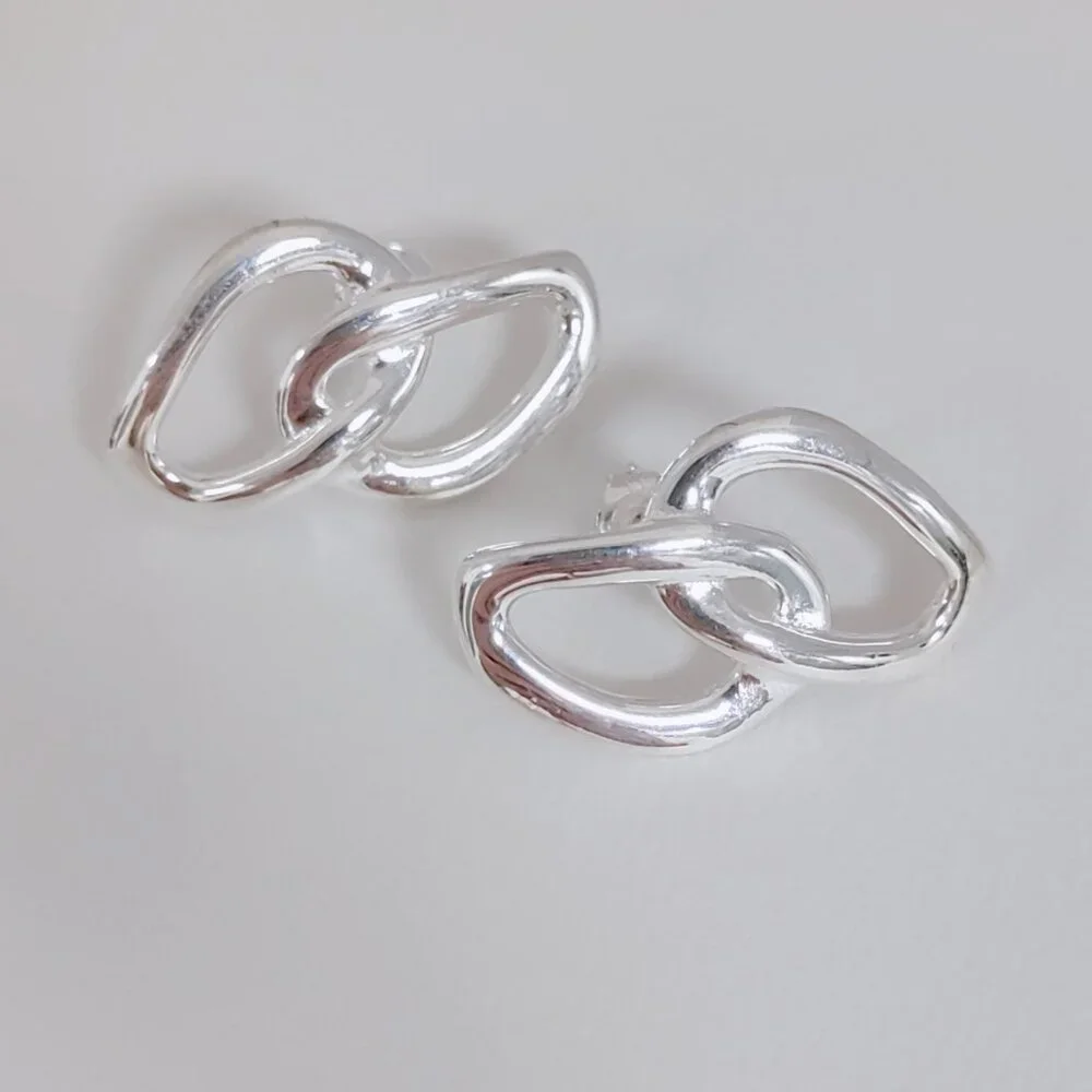 Uno de 50 INSEPARABLES EARRINGS, with 2 organic interlocked links Silver Plated - Picture 6 of 8